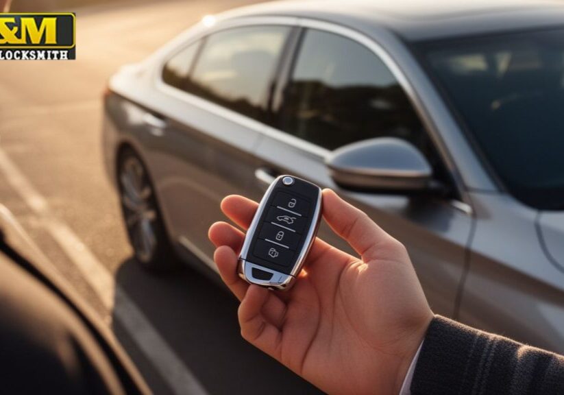 A_handsonly_closeup_of_a_transponder_key_held_in_a_persons_palm_with_a_parked_lu