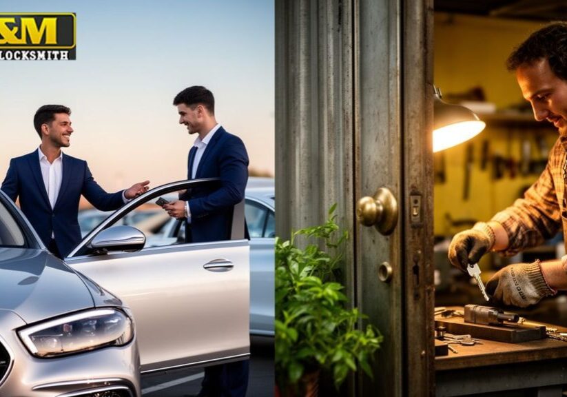 A_split_scene_of_a_car_dealership_and_a_locksmiths_shop_showcasing_the_choice_be